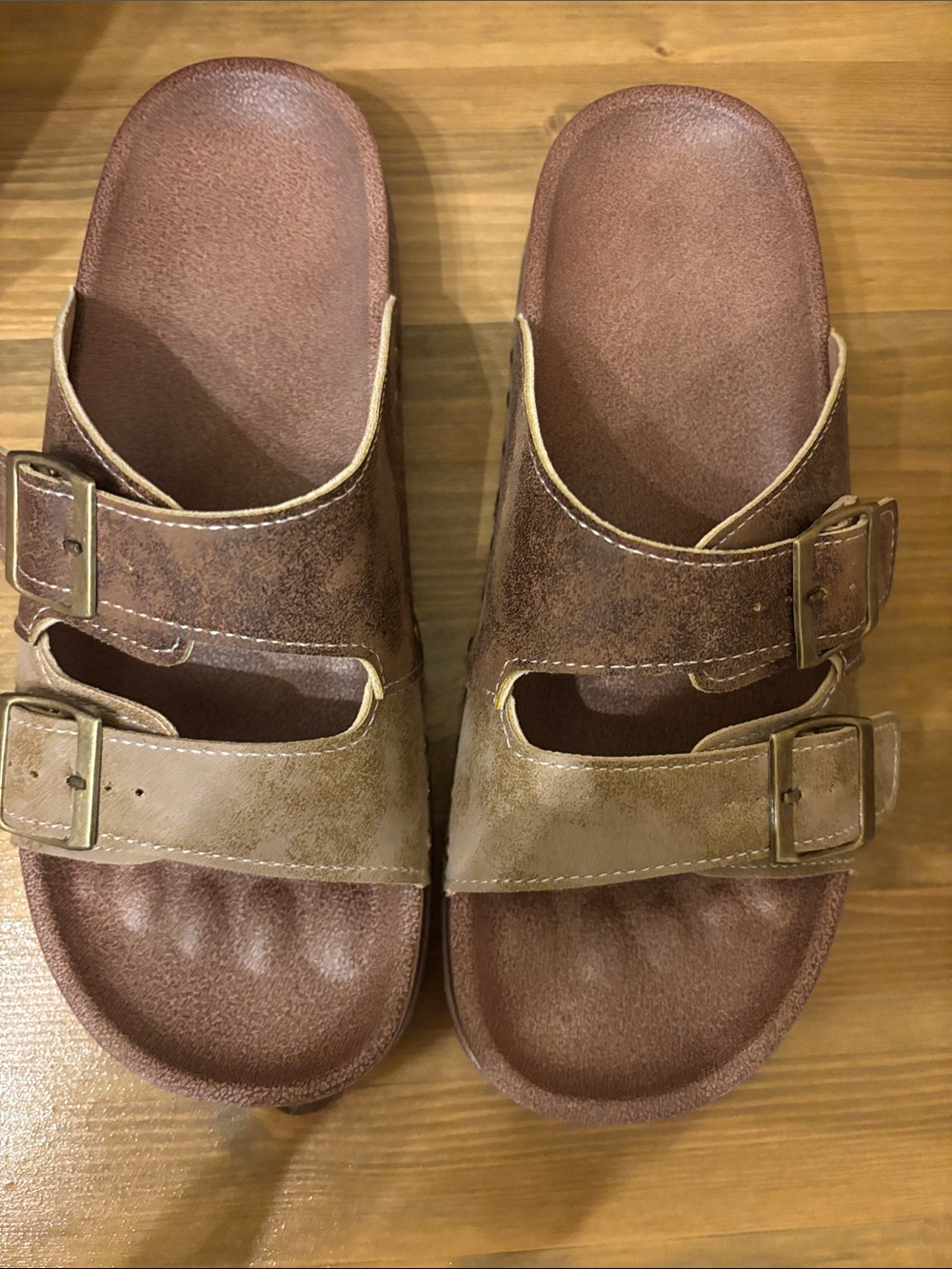 Double Strap Slide Sandals in Distressed Brown